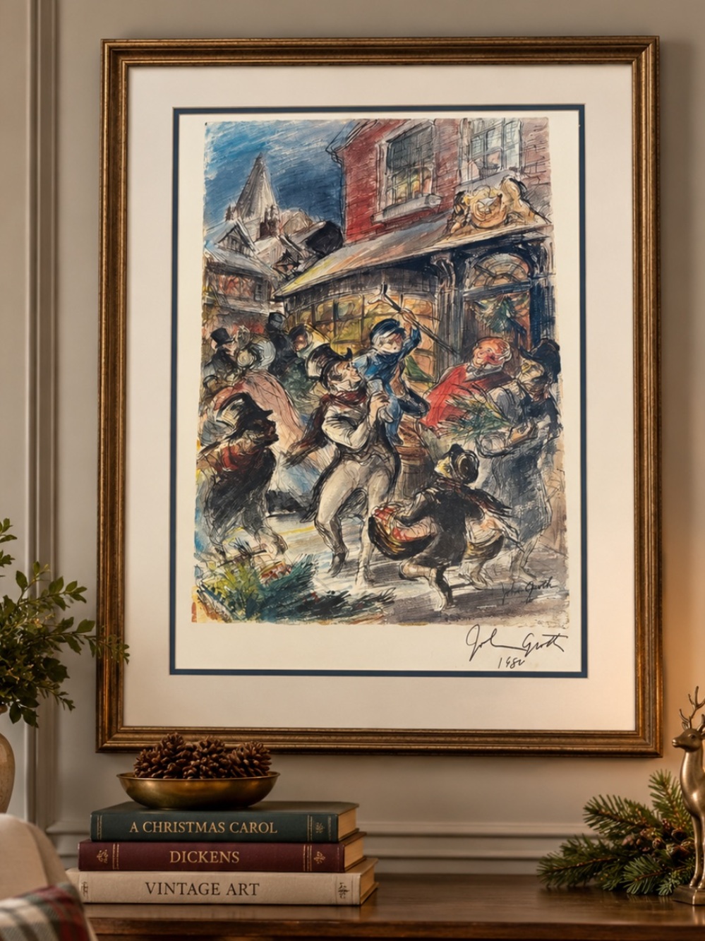 Festive Holiday Street Scene Art Print —autographed by John Groth
